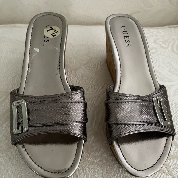 Guess Silver edgy wedge mules with silver metal grommets and buckle. NWOT - Picture 2 of 8